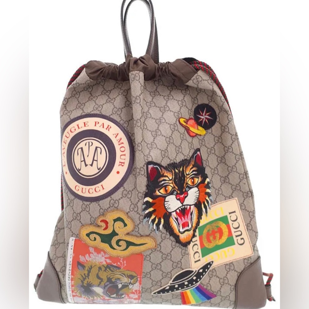 Gucci Ann Gris-Cat Drawstring 2WAY Backpack GG Supreme Beige x Brown Unisex